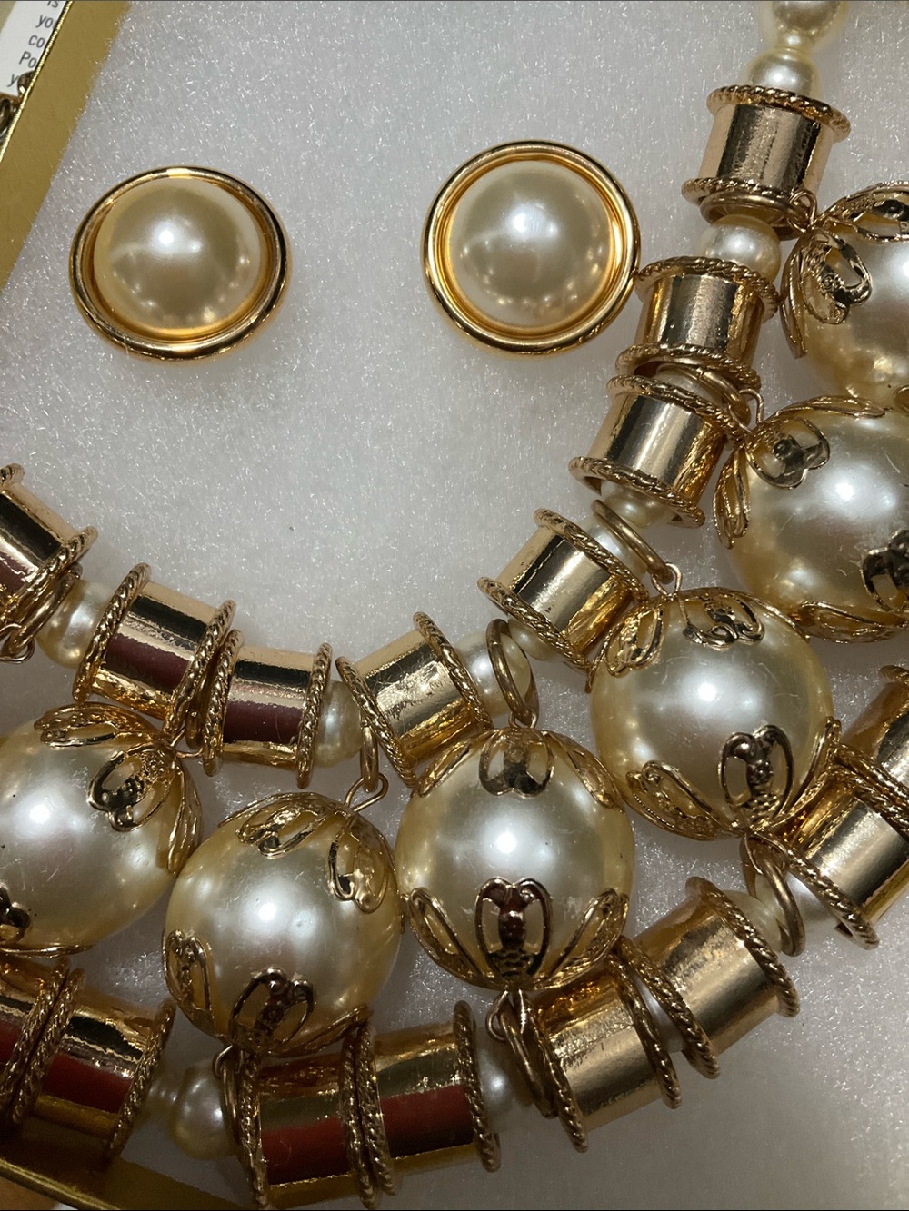 Vintage Pearl Statement Necklace and Earrings Set - Gold and Ivory